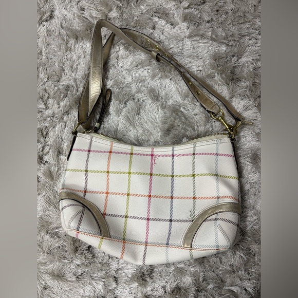 Coach White Plaid Crossbody Shoulder Bag with Multicolor Stripes - Picture 2 of 16